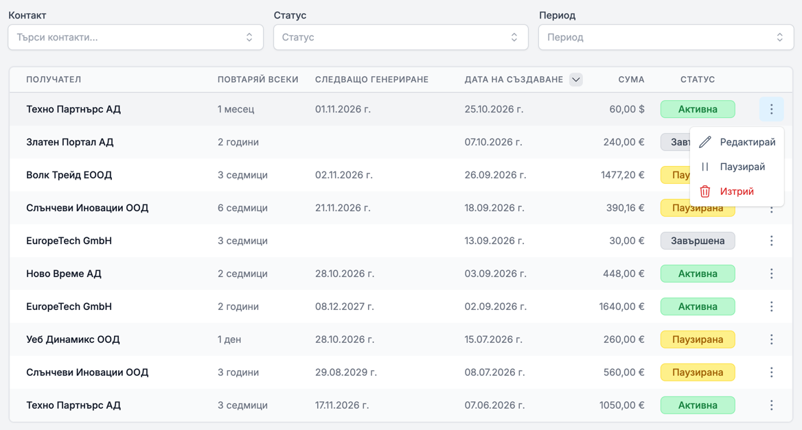 Списъкът с периодични фактури с отворено меню „Редактирай“, „Паузирай“ и „Изтрий“