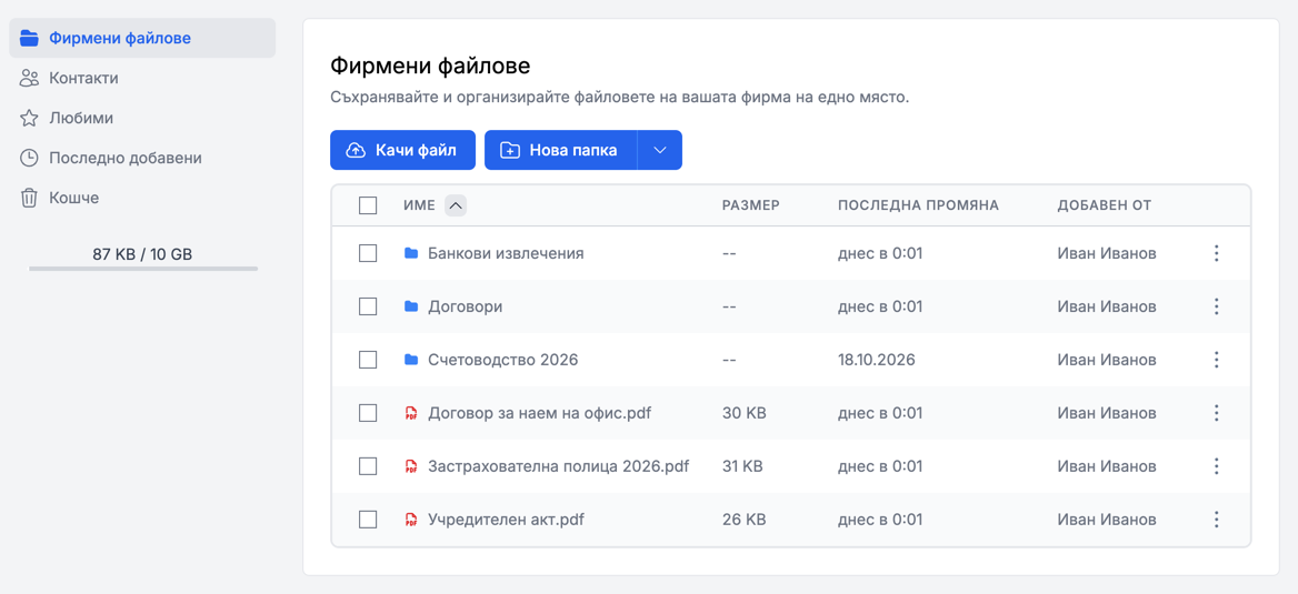 Фирмени файлове с папки, документи и заетото място