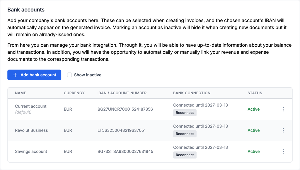 Bank accounts connected to eFirma and how long access to each one is valid