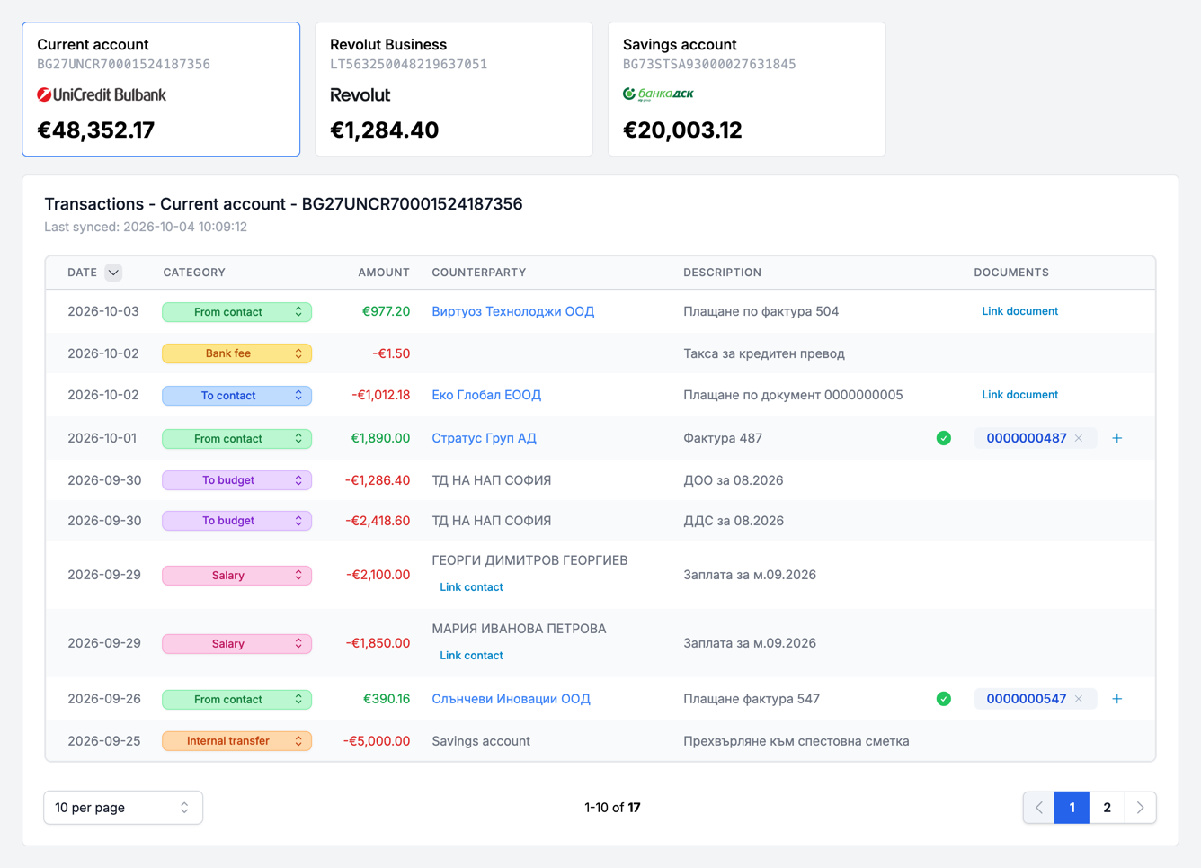 Account balances and transactions sorted into categories in eFirma