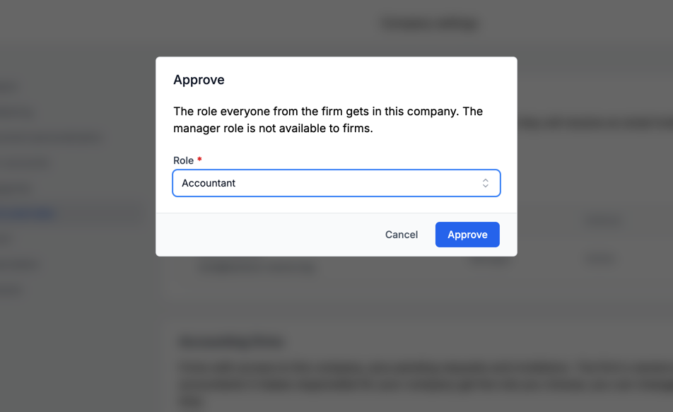 Approving a firm's access request in eFirma by choosing its role