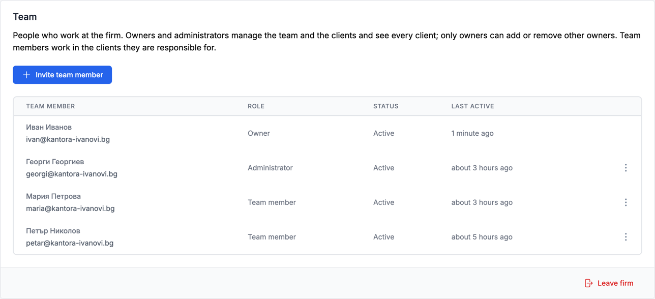 A firm's team in eFirma with owner, administrator and team member roles